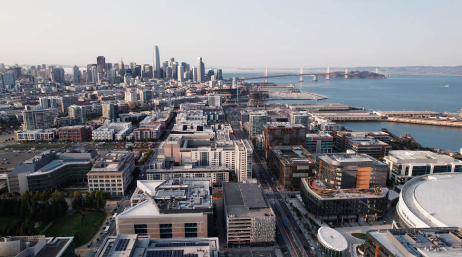 Drone shot of downtown San Francisco and Uber HQ